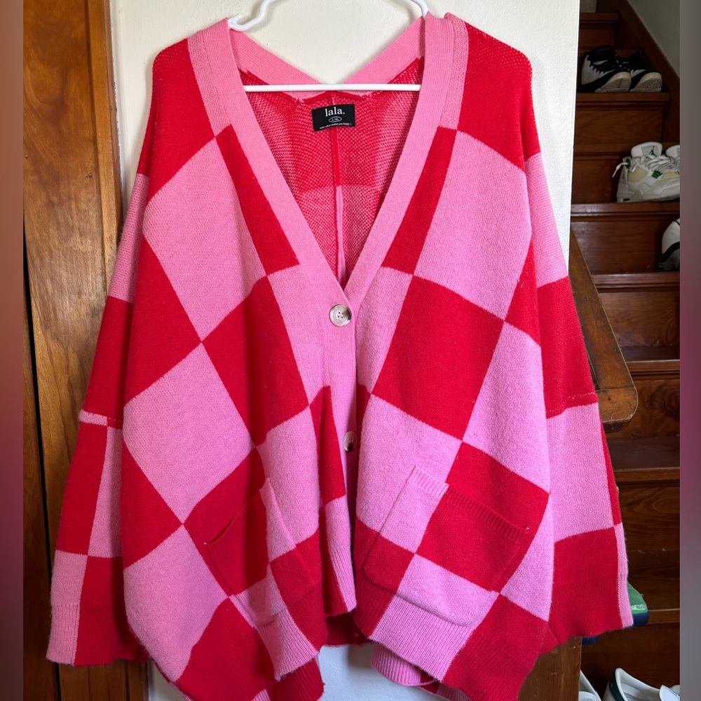 Dressed in LALA Pink and Red Plaid Cardigan